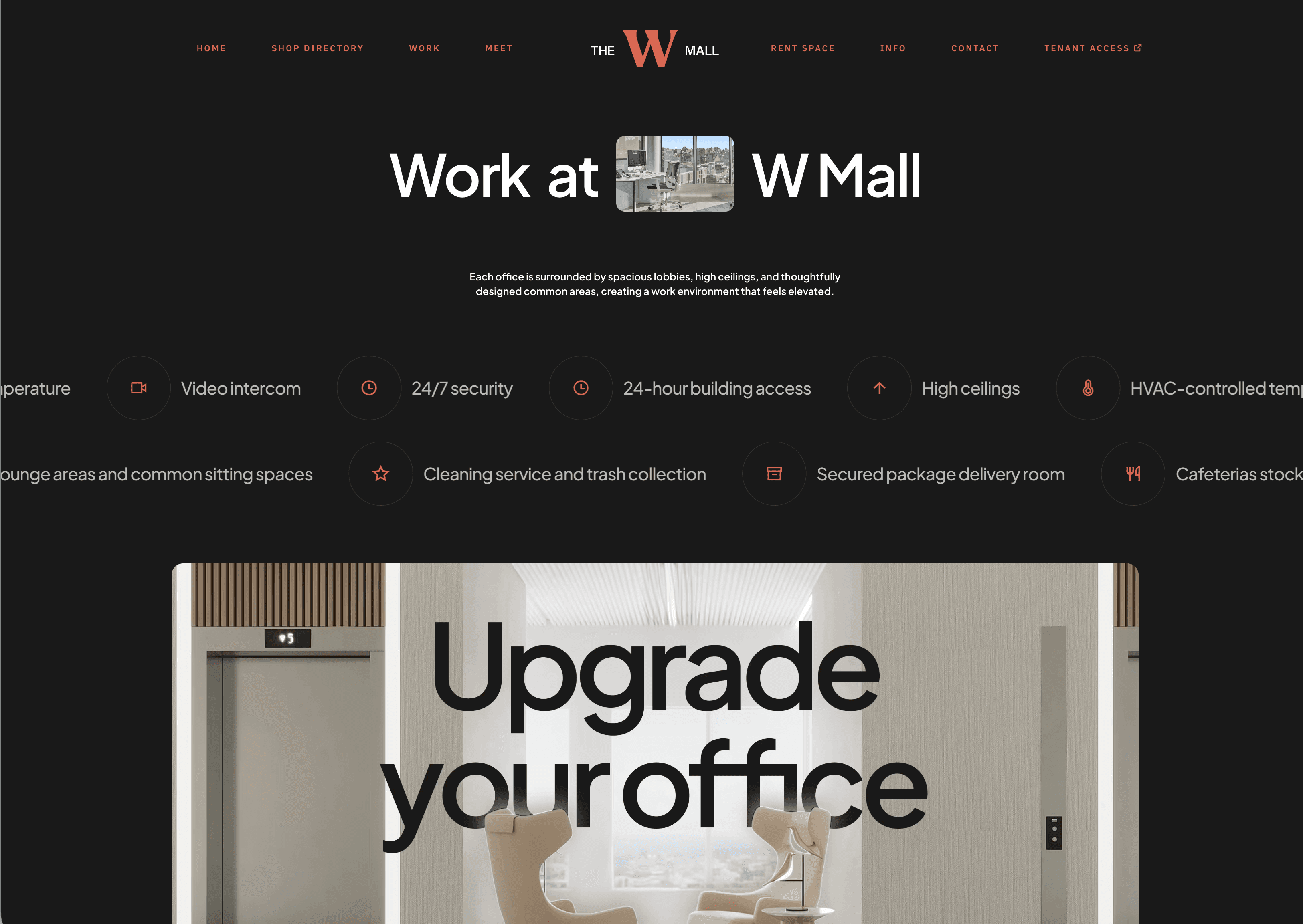 - **wmall-work-offices-amenities.jpg** dark "Work at W Mall" page with the amenities row and "Upgrade your office"
